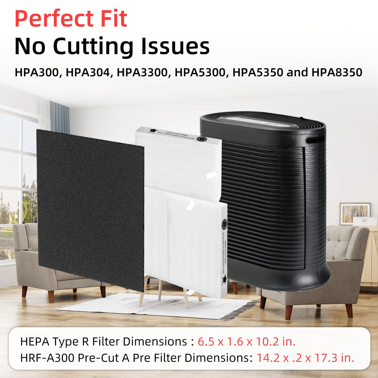 HPA300 HEPA Filter Replacement for Honeywell Air Purifier - 3 HEPA R Filters & 6 Pre-cut Activated Carbon Pre-filters by APPLIANCEMATES | Perfect for Allergies, Pet Dander & Smoke Removal in Home & Office