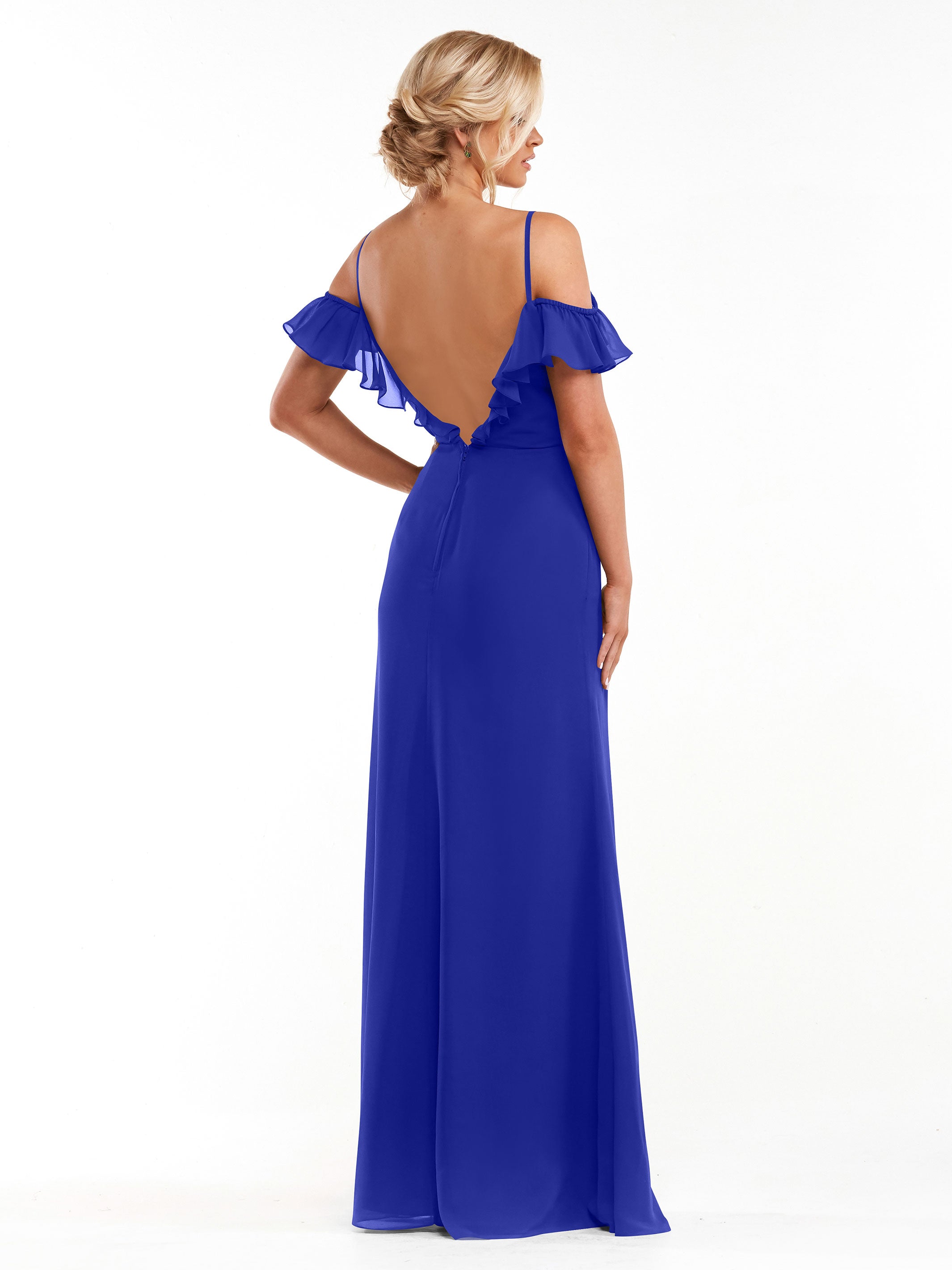 Elegant 80172 Chiffon Off-The-Shoulder A-Line Bridesmaid Dress with Ruffled Neckline - Perfect for Weddings, Formal Events & Evening Parties