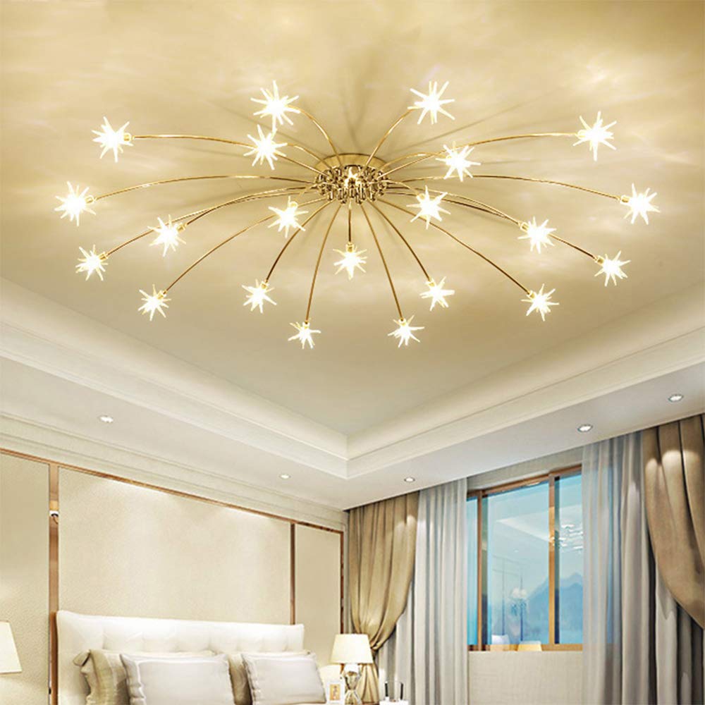 Gold Glass Chandelier Ceiling Light - LED Flush Mount Starry Pendant Lamp with Gypsophila Design for Living Room, Bedroom, Dining Room & Hallway - Elegant Lighting Fixture for Home Decor, Kitchen & Foyer