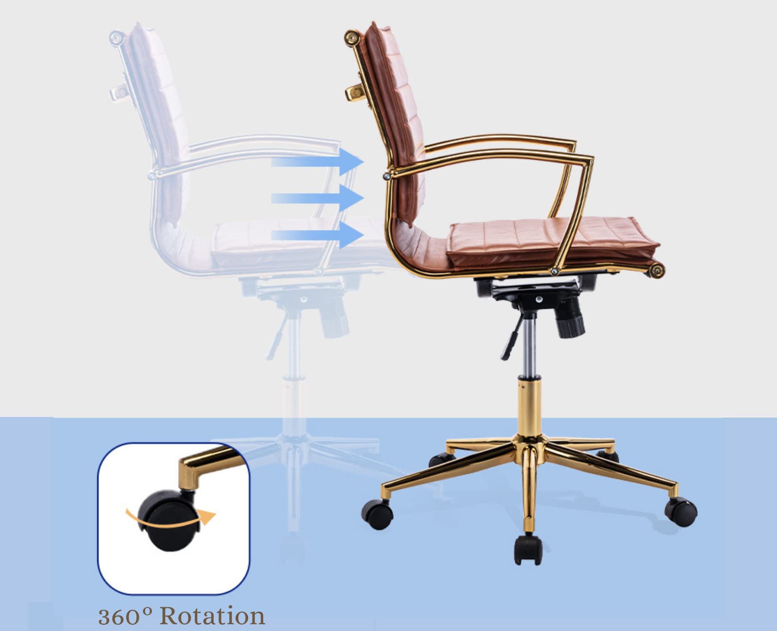Premium Ergonomic Leather Office Chair with Wheels & Adjustable Height - Modern Brown Computer Desk Chair for Home & Conference Use - Comfortable Swivel Task Chair with Gold Base & Armrests - Ideal for Long Work Hours, Gaming & Remote Work