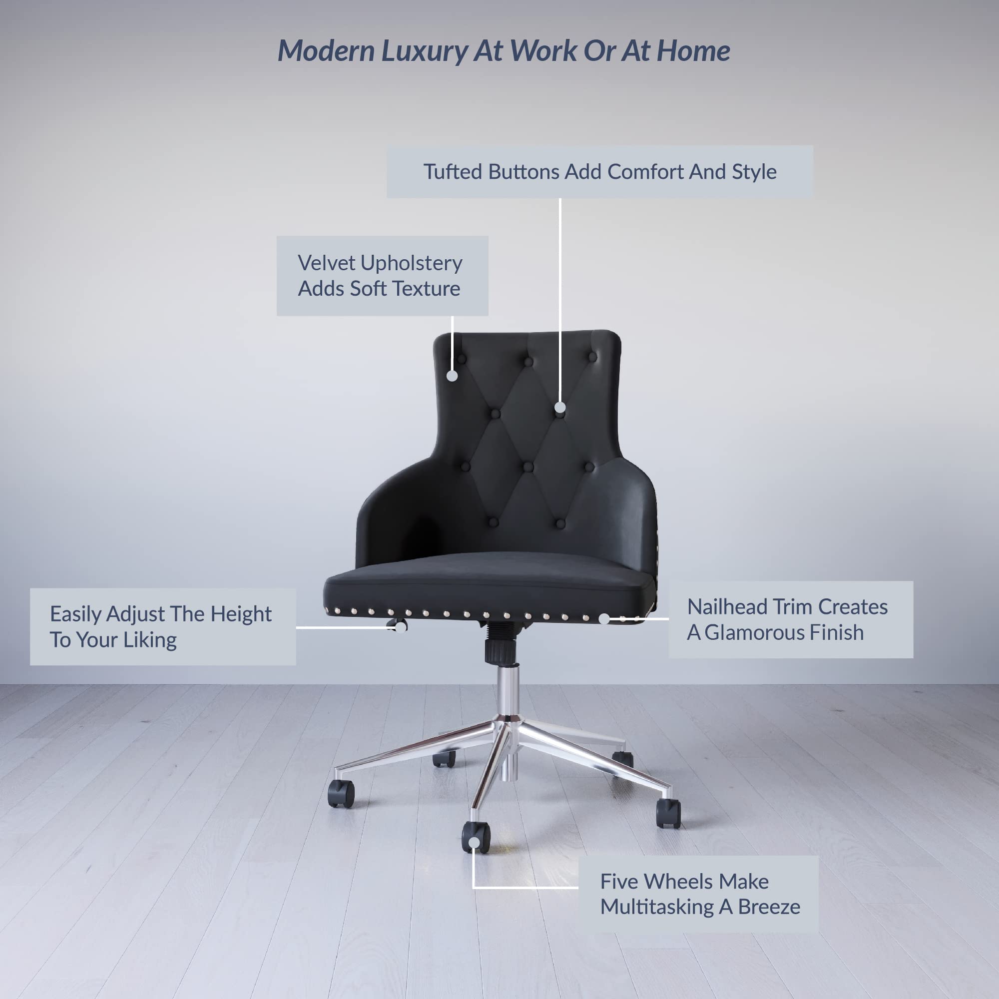 BELLEZE Modern Velvet Desk Chair - Adjustable Height Swivel Office Chair with Wheels & Tufted Upholstered Seat - Ergonomic Computer Chair for Home Office, Gaming, Bedroom Vanity (Black)
