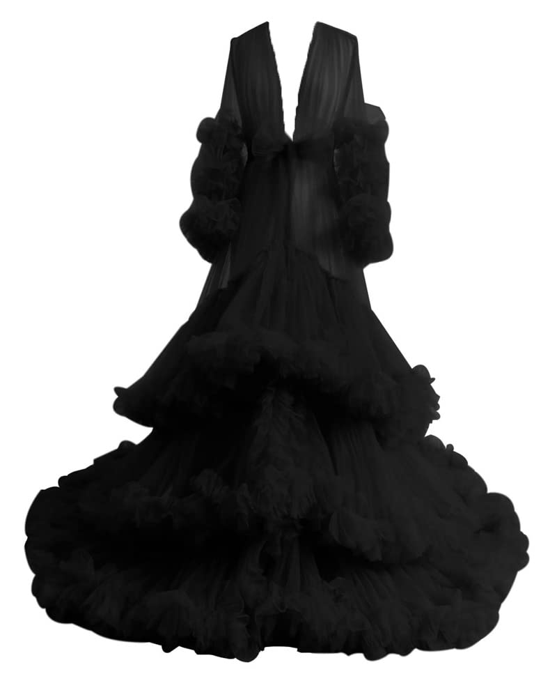 Elegant Long Puffy Pleated Maternity Tulle Robe - Photoshoot Pregnancy Dressing Gown, Sheer Lingerie Nightgown for Baby Shower, Bridal Shower & Maternity Photography