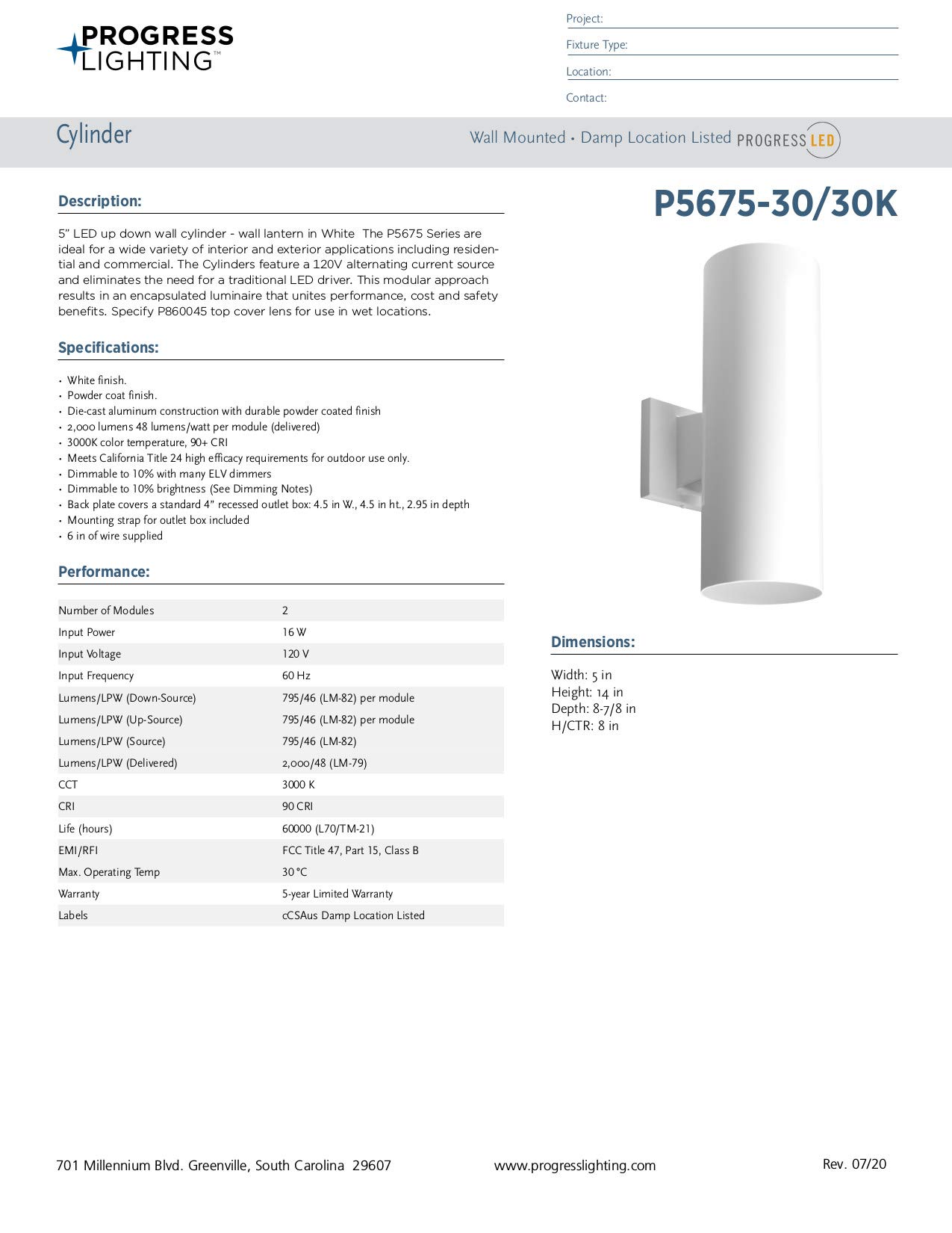 Progress Lighting P5675-30/30K 5 Inch Cylinder Modern Outdoor Wall Lantern Light - 14 Inch Tall White LED Fixture for Porch, Patio, Garden & Entryway Lighting
