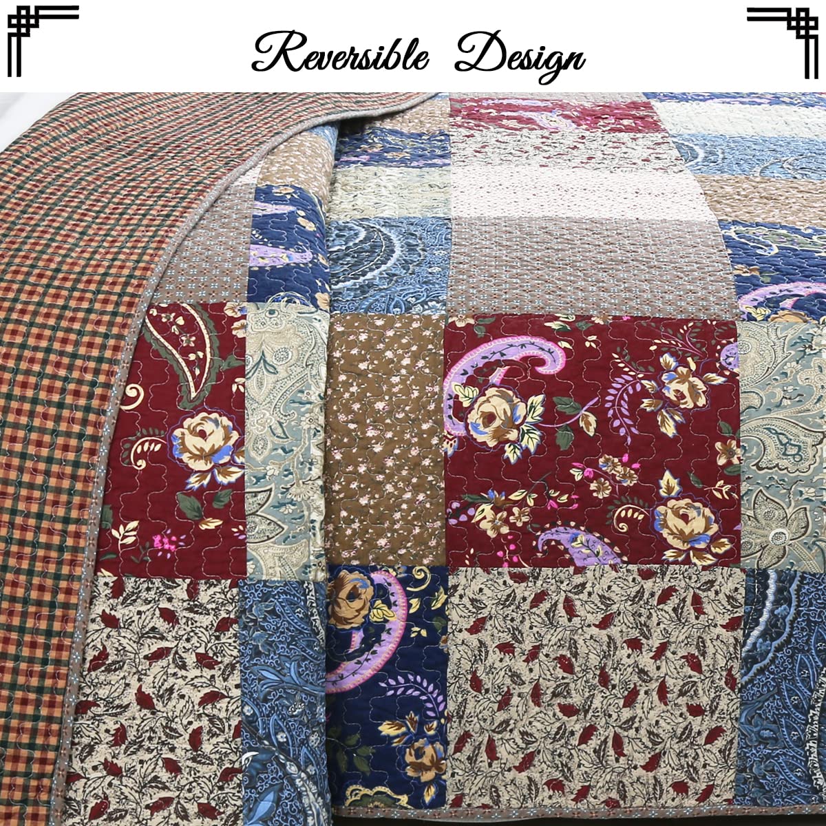100% Cotton Reversible Quilt Bedding Set - Cozy Line Home Fashions Sanders Brown Floral Patchwork Coverlet & Bedspread (Red Navy, King Size 3-Piece) for Master Bedroom, Guest Room & Cozy Farmhouse Decor