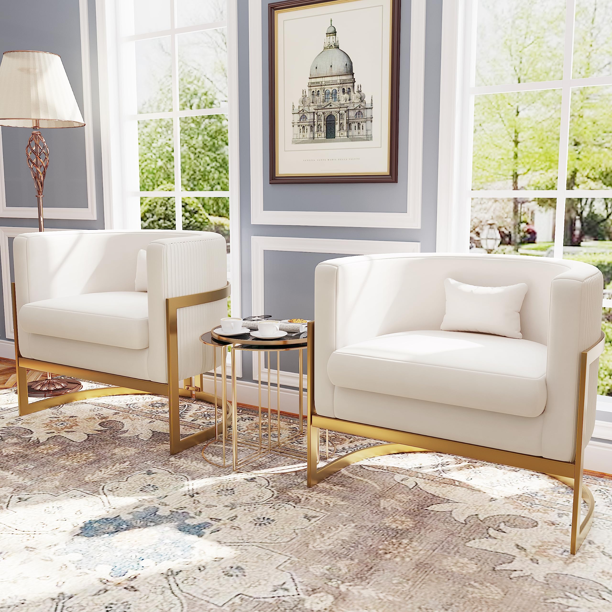 Velvet Accent Chair with Gold Legs - Modern Upholstered Barrel Armchair for Living Room, Bedroom & Office - Soft Club Side Chair in Ivory for Relaxing & Home Decor