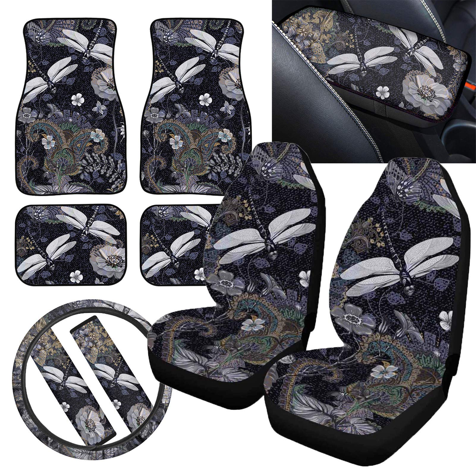 ELEQIN 10-Piece Universal Car Interior Accessories Set - Vintage Dragonfly Print Car Seat Covers, Steering Wheel Cover, Armrest Cushion, Seat Belt Pads & Floor Mats | Perfect for Sedans, SUVs & Trucks | Enhance Comfort & Style