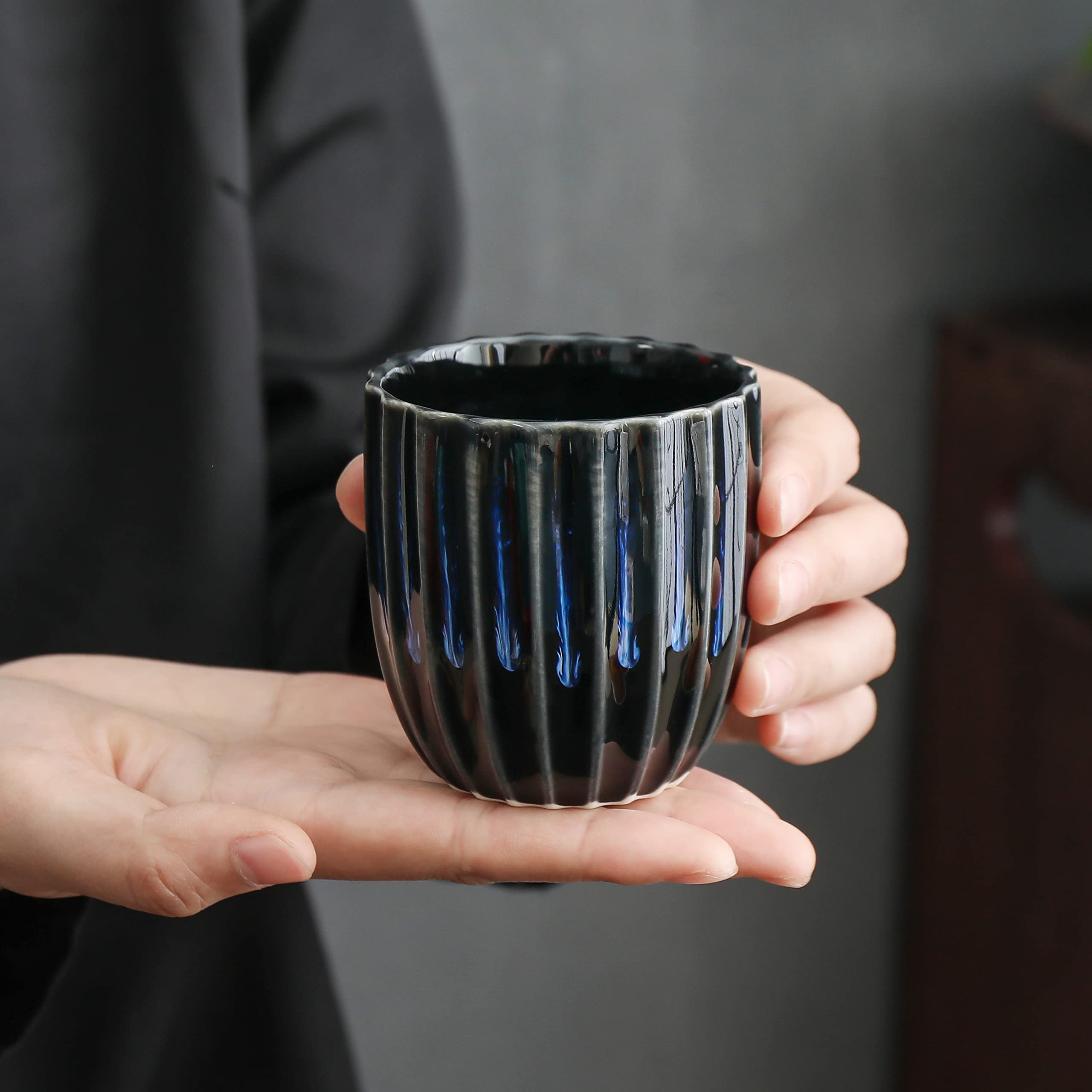 TEANAGOO 6.5 Oz Chinese Ceramic Tea Cups Set of 4 - Handmade Junware Blue Porcelain Cups for Green Tea, Matcha & Oolong - Traditional Asian Tea Ceremony, Home Decor & Gift (TG-H15)