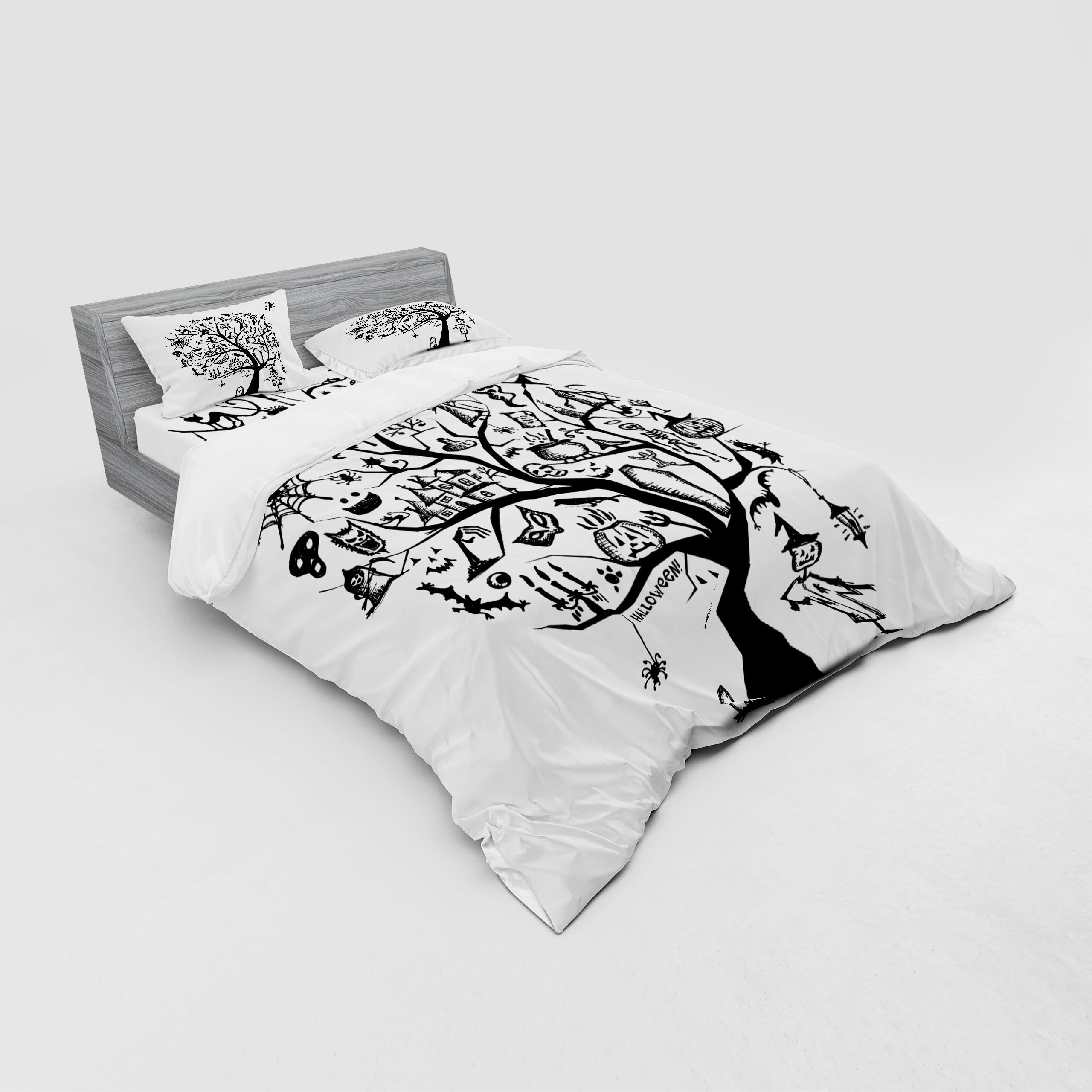 Ambesonne Halloween Duvet Cover Set - Spooky Tree & Witch Broom Abstract Design, 4-Piece Queen Size Bedding Set with Shams & Fitted Sheet in Black & White | Perfect for Halloween Decor, Themed Bedrooms & Seasonal Home Decor