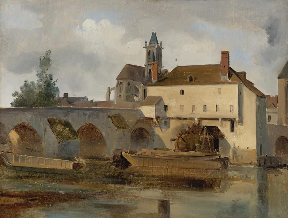 Jean-Baptiste-Camille Corot 'Moret Sur Loing, the Bridge and the Church' 24x19 Inch Black Modern Framed Art Print with Double Mat - Museum Quality Wall Decor for Living Room, Office & Gallery Display