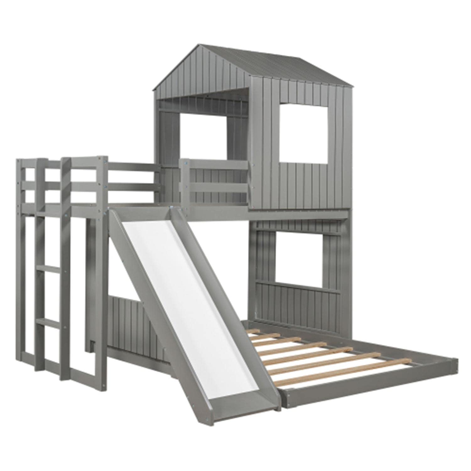 Twin Over Full Bunk Bed with Slide, Ladder & Guardrail - House-Shaped Loft Bed with Roof & Windows for Teens, Boys & Girls (Gray) - Perfect for Kids' Bedrooms, Playrooms & Space-Saving Solutions