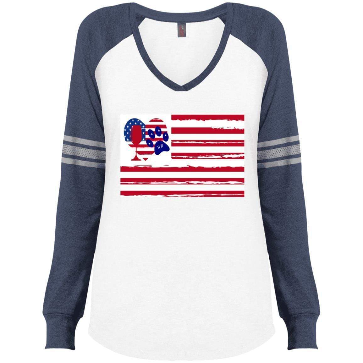 American Flag Wine Paw Heart V-Neck Long Sleeve T-Shirt for Women - Casual & Game Day Outfit - Perfect for Parties, Sports Events, and Patriotic Celebrations