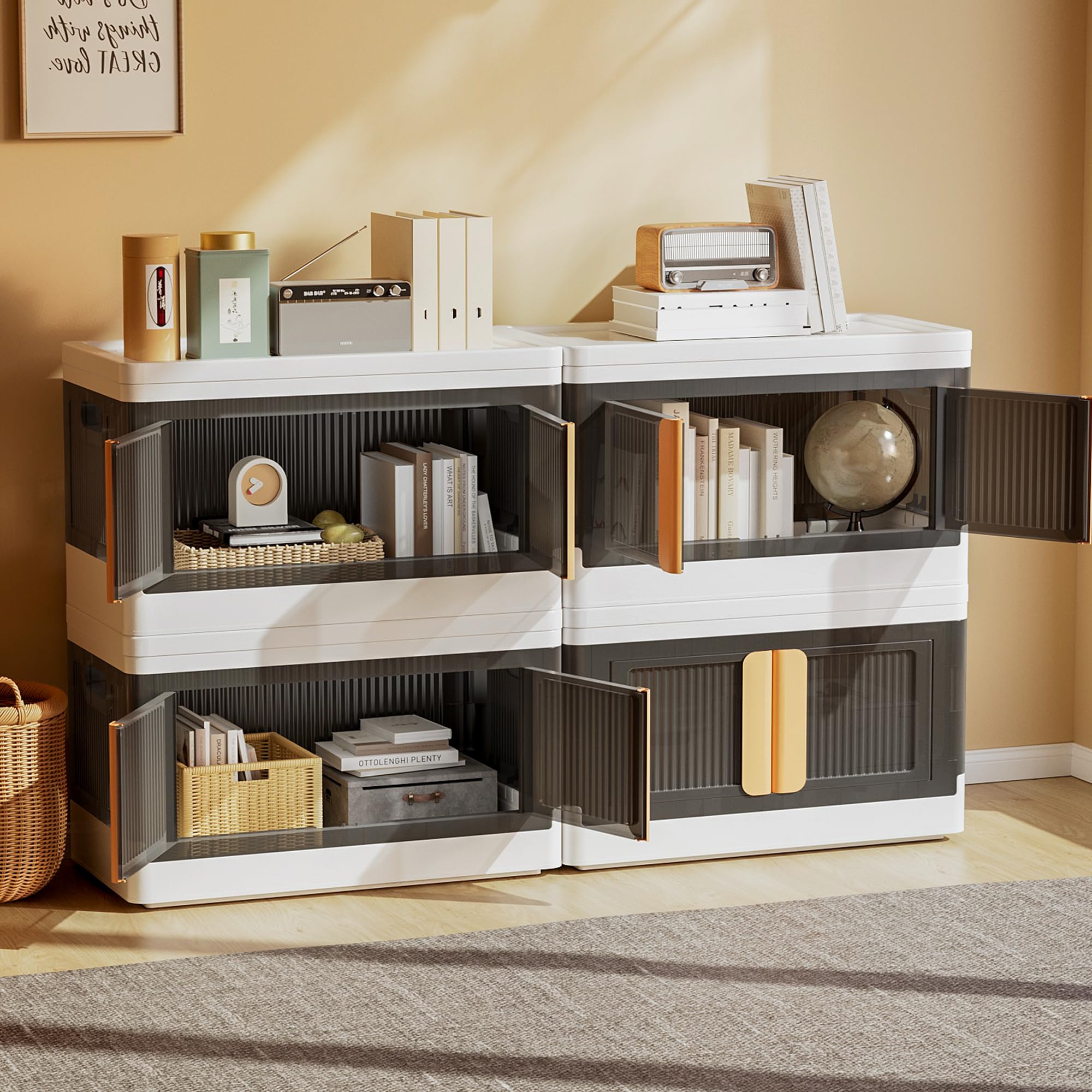 4-Tier Plastic Storage Bins with Lids - 19 Gallon Stackable Organizing Containers with Wheels - Foldable Storage Box for Closet, Living Room, Office & Dorm - Space-Saving Grey & White Home Organization Solution (Perfect for Seasonal Clothes, Toys & Household Items Storage)