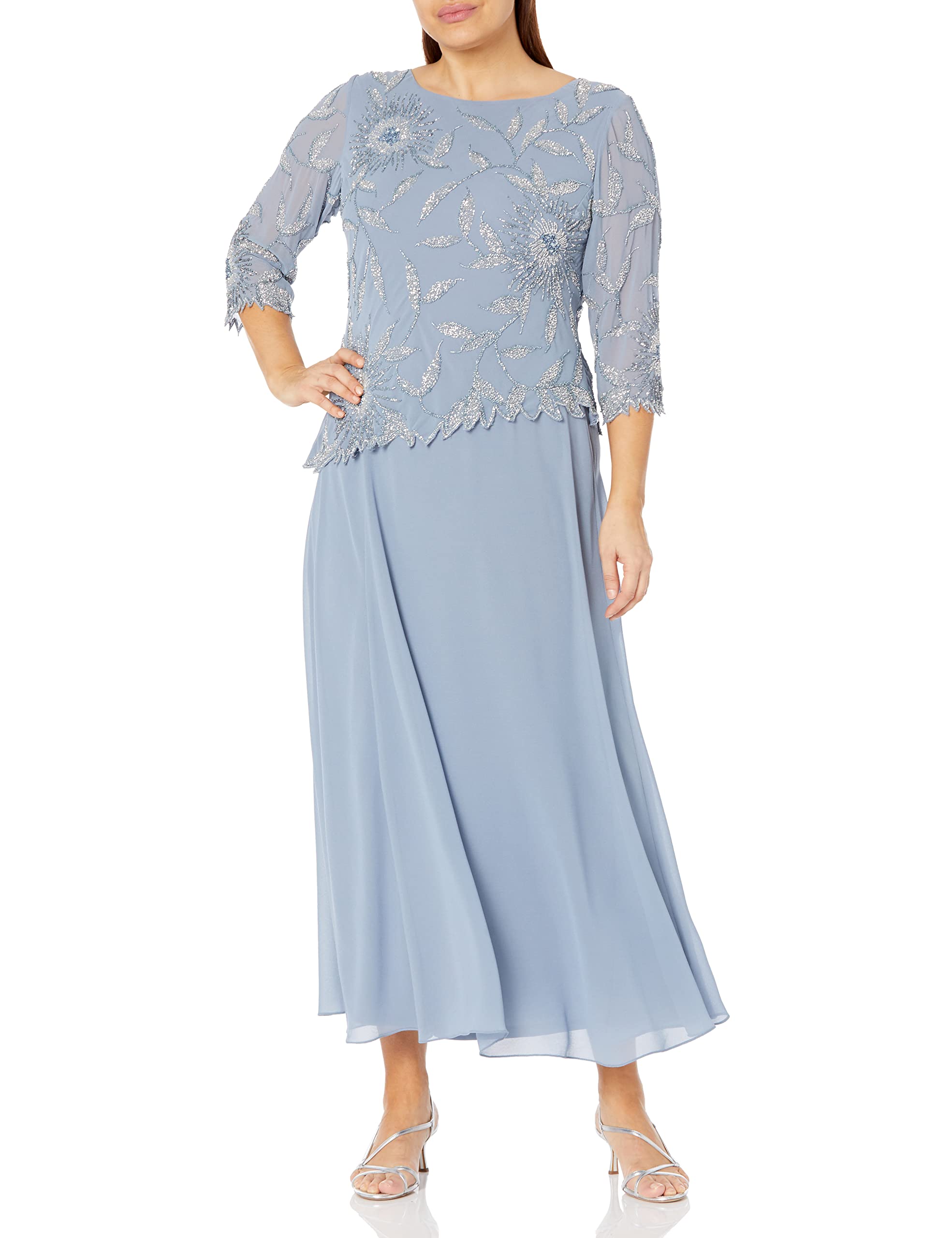 J Kara Women's Plus Size Beaded Scoop Neck 3/4 Sleeve Long Dress - Elegant Party Wear for Evening Events & Special Occasions