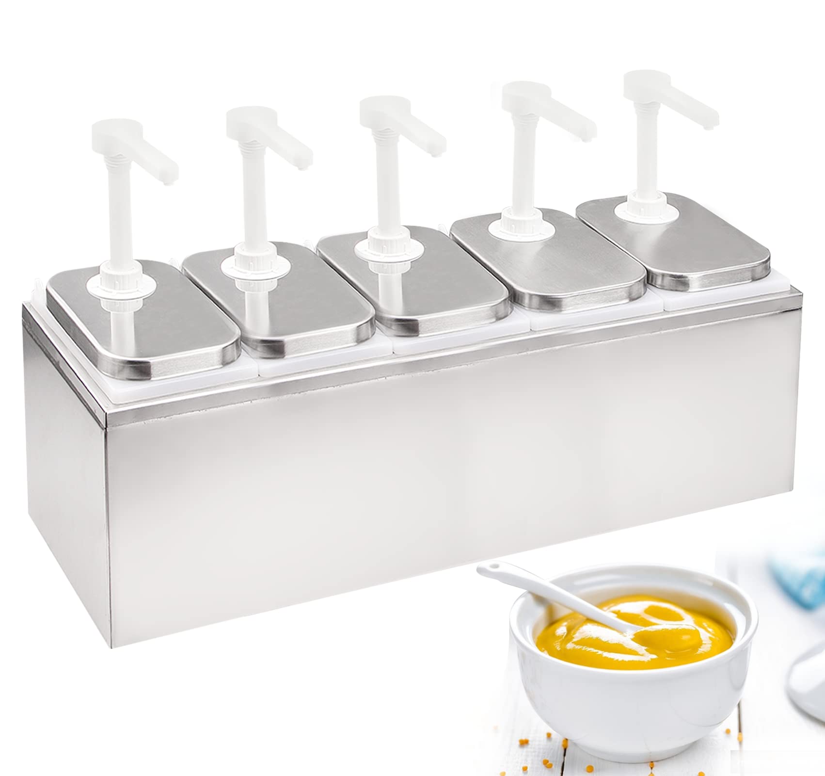 10L Stainless Steel Sauce Dispenser Pump with 5 Jars (2.3 Quart Each) - Commercial Condiment Pump Station for Restaurants, Catering & Food Service