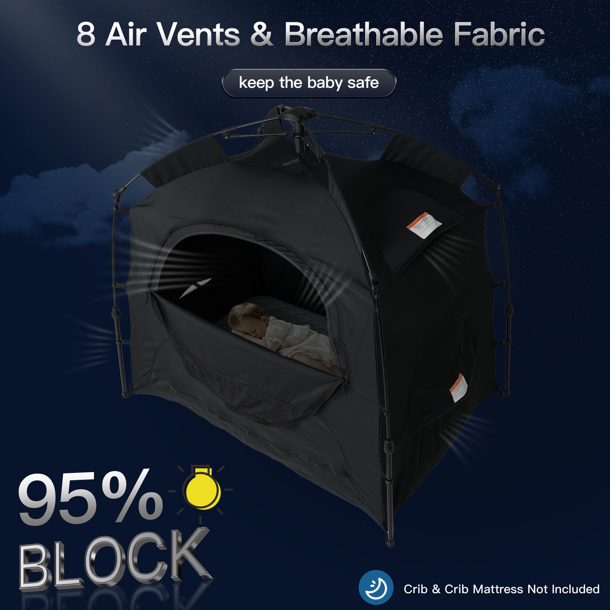 Porayhut Baby Blackout Sleep Tent - 95% Light Blocking Travel Crib Cover for Pack and Play, Portable Sleeping Pod with Breathable Mesh Windows, Monitor & Fan Pockets - Perfect for Toddlers, Kids, Travel, Camping & Nursery Use