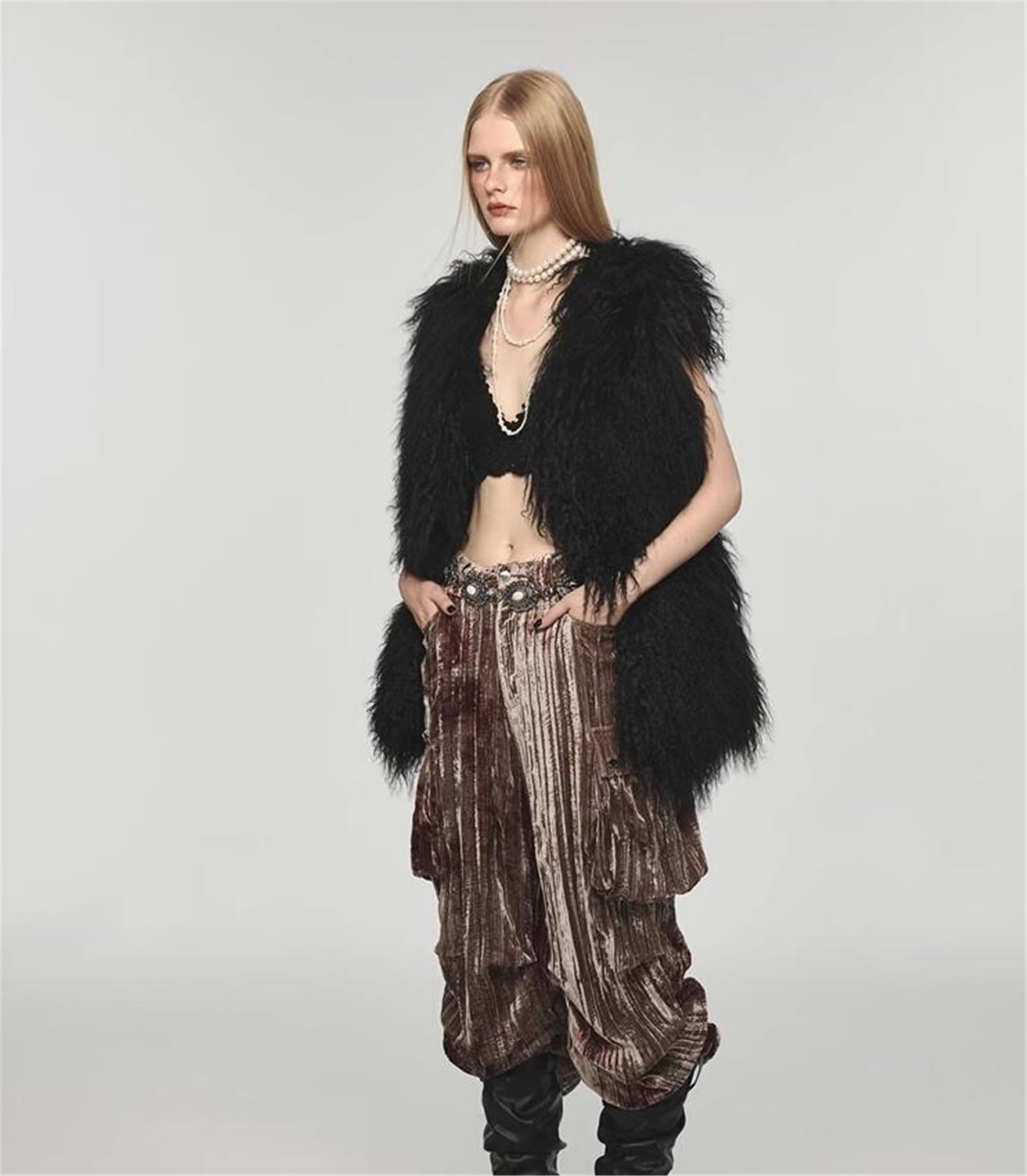 Women's MSV1 Genuine Mongolian Lamb Fur Vest - Long Curly Hair Tibetan Sheep Fur Cropped Gilet | Winter Fashion, Outdoor Activities, Casual & Formal Wear