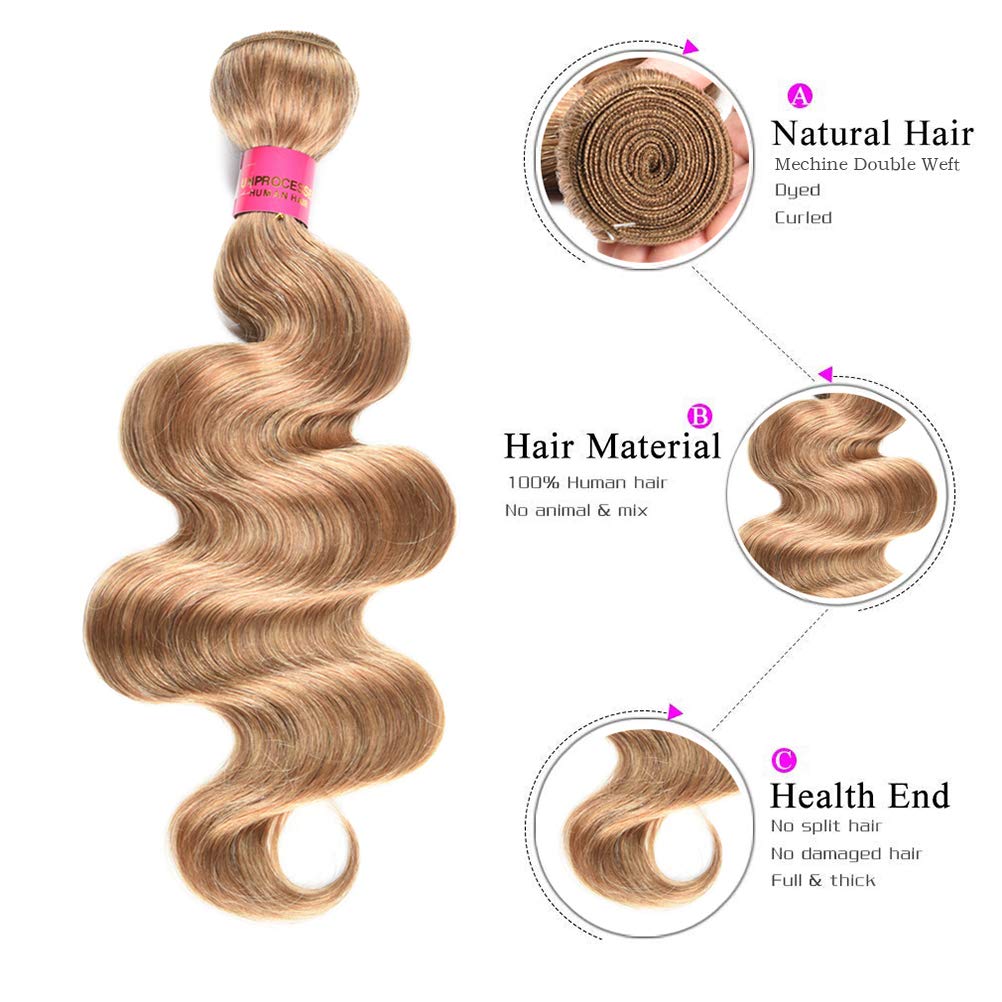 WOME Honey Blonde Hair Weave Bundles - 100% Virgin Peruvian Human Hair #27 Body Wave 8A Grade Unprocessed Remy Hair Extensions (10 12 14 Inch) for Natural Look & Styling - Perfect for Daily Wear, Parties & Special Occasions