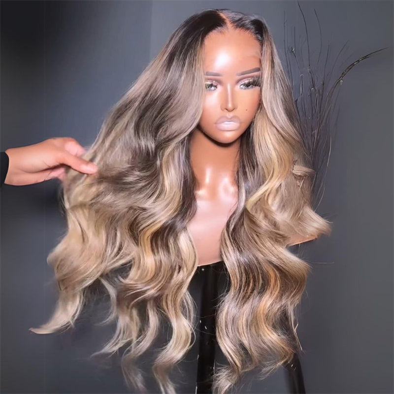 Eullair Glueless Human Hair Wig - Balayage Blonde with Black Roots, Body Wave, Lace Frontal Wig for Women | Perfect for Daily Wear, Parties, and Special Occasions
