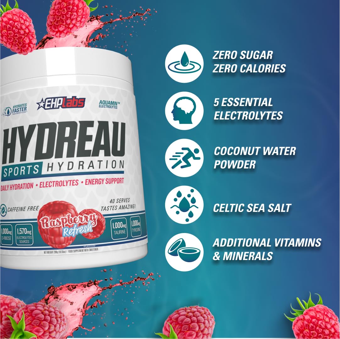 EHP Labs Hydreau Hydration Support Powder - 40 Servings | Electrolyte & Vitamin Supplement for Hydration & Recovery | Perfect for Workouts, Travel & Daily Hydration Needs