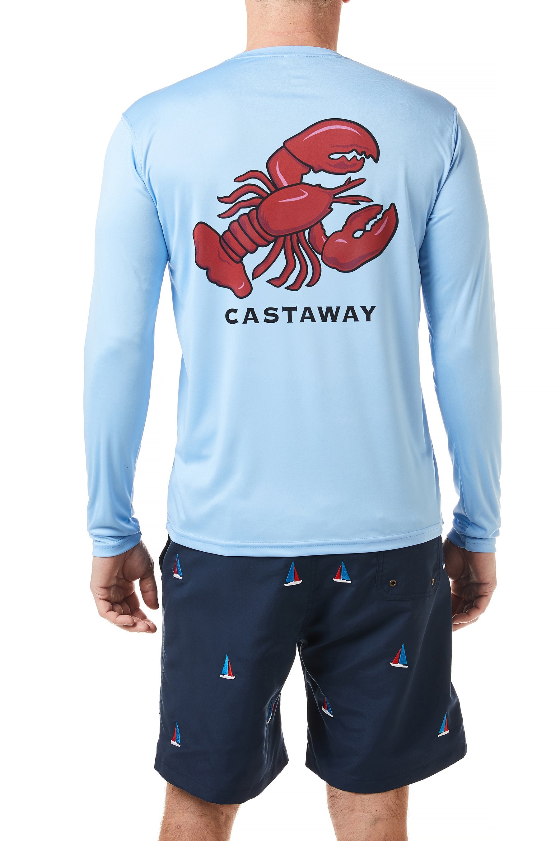 SPF 50+ UPF Sun Protection Shirt for Men & Women - Light Blue with Lobster Print - Quick Dry UV Shirt for Beach, Fishing, Hiking & Outdoor Activities