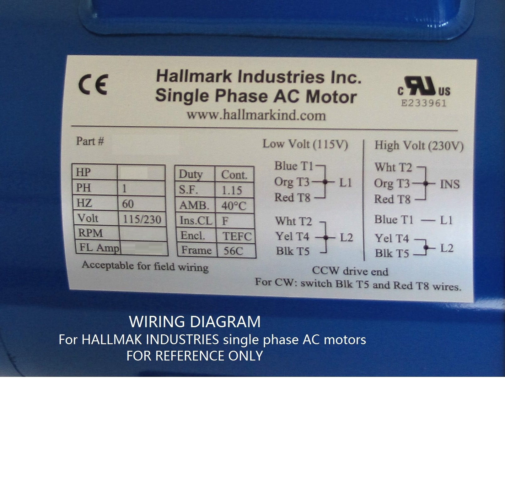 Hallmark Industries MA0505C 1/2 HP AC Motor - 1725 RPM, 115/208-230V, 1PH/60Hz, 56C/ODP Frame, Capacitor Start with Foot Mount - Steel Construction (SF 1.15) - Ideal for Pumps, Fans, and Light Industrial Equipment