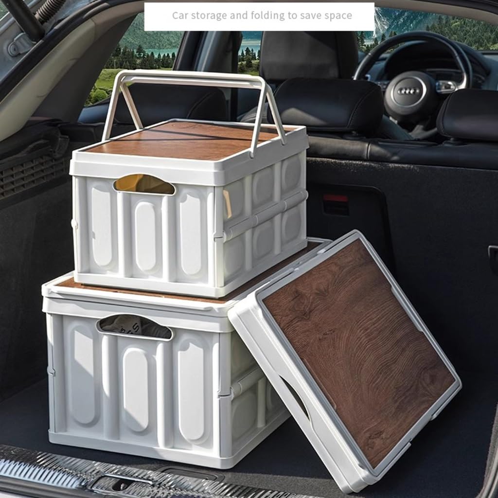 FLTRGO 50L Collapsible Storage Box with Wood Lid - Heavy Duty Folding Organizer for Camping, Picnic, Home & Closet - Portable Storage Solution for Outdoor Adventures & Indoor Organization