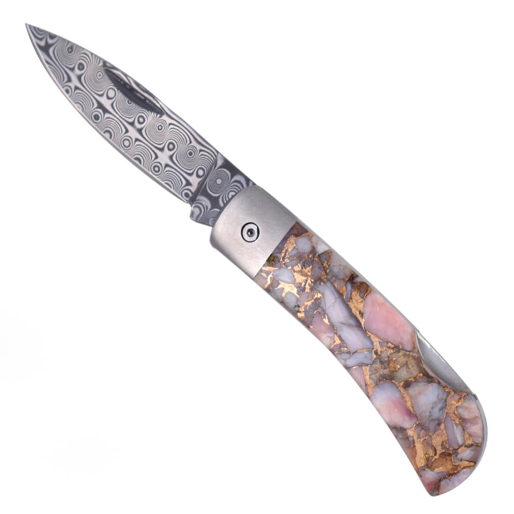Premium Folding Pocket Knife with Damascus Steel Blade, Handcrafted Pink Peruvian Opal Handle, 3