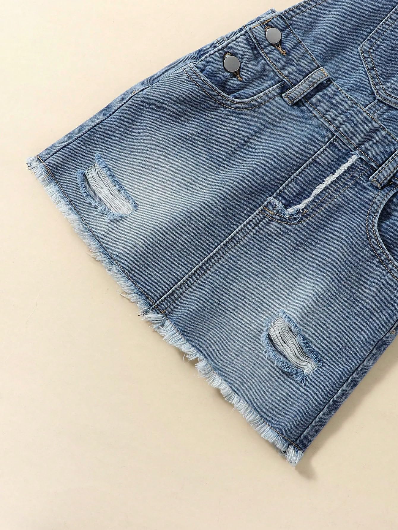 Girl's Casual Ripped Raw Hem Midi Denim Overalls Dress with Pocket - Stylish and Comfortable Outfit for School, Playdates & Everyday Wear