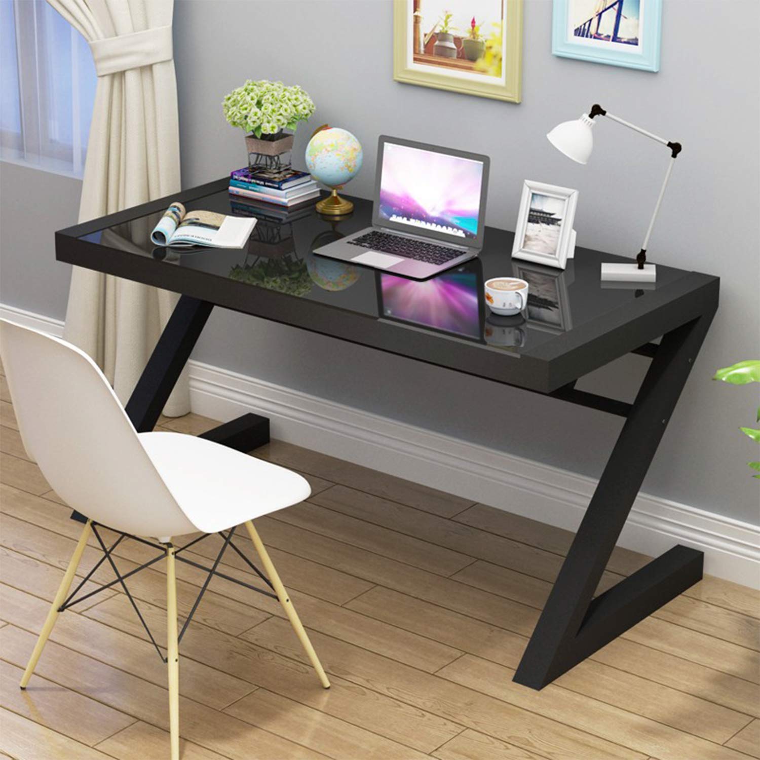 Modern Z-Shaped Computer Desk with Tempered Glass - Sturdy Home Office Desk for Laptop, Study & Dining | USB Ports & Multi-Functional Design | Perfect for Small Spaces, Gaming & Remote Work