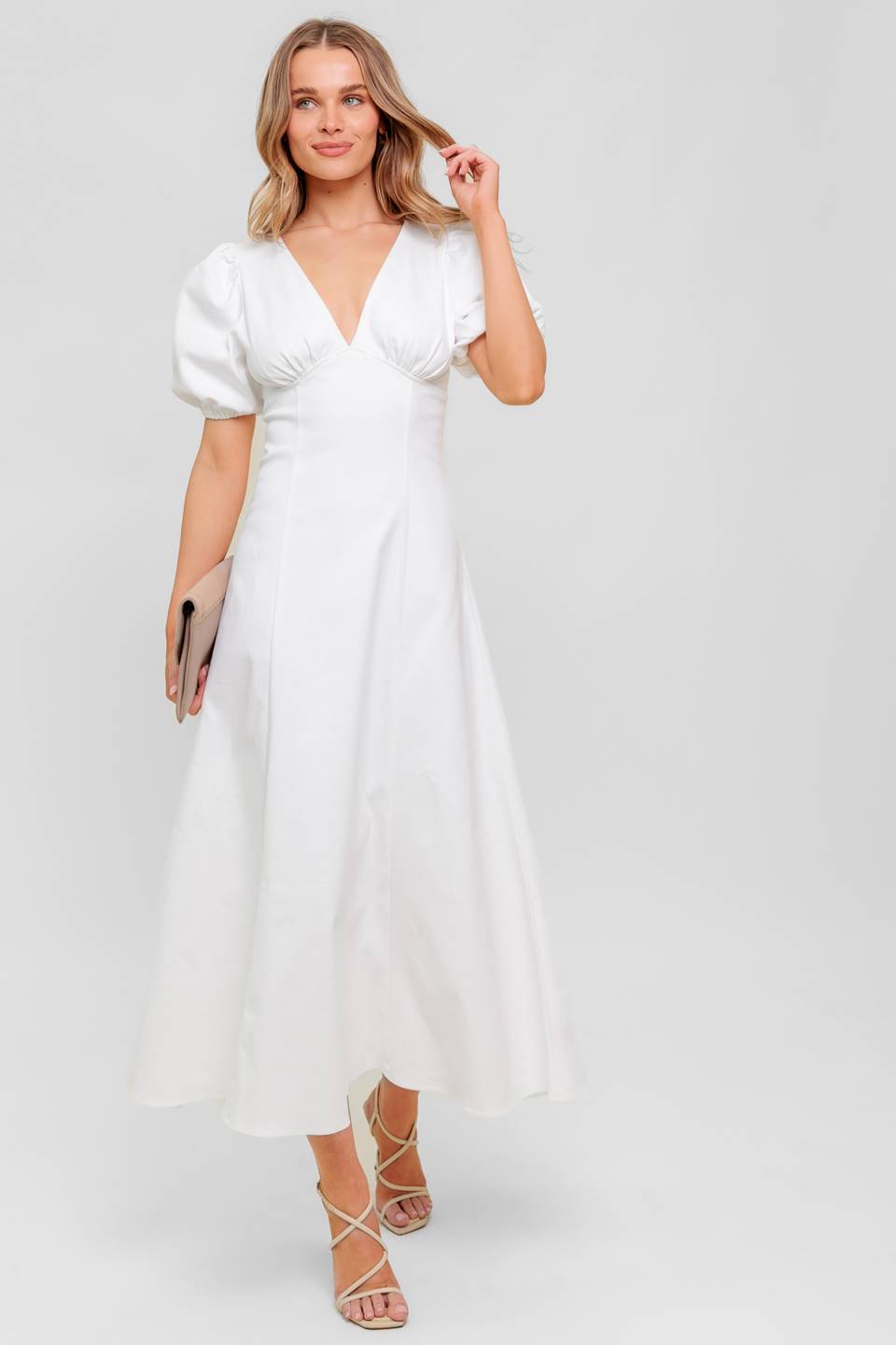 Glenda Midi Dress - White Denim Women's Casual Summer Dress for Beach, Party & Everyday Wear