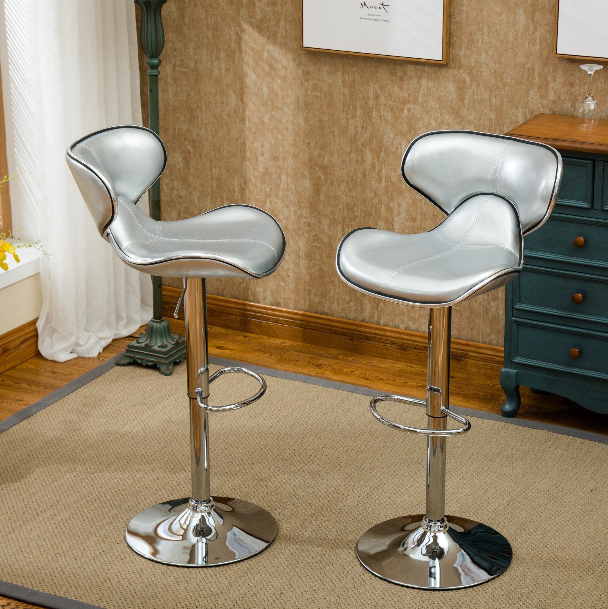 Roundhill Furniture Masaccio Adjustable Swivel Bar Stool - Set of 2, Leatherette Upholstered with Chrome Base, Silver - Perfect for Kitchen Islands, Home Bars & Counter Height Dining