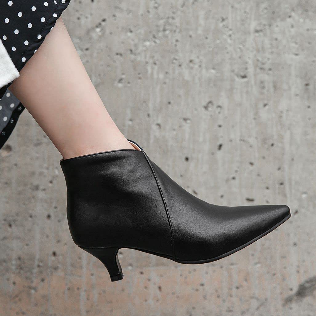 Elbslutt Women's Pointed Toe Ankle Boots - Low Kitten Heel Side Zip Dress Booties for Work, Office & Evening Outfits