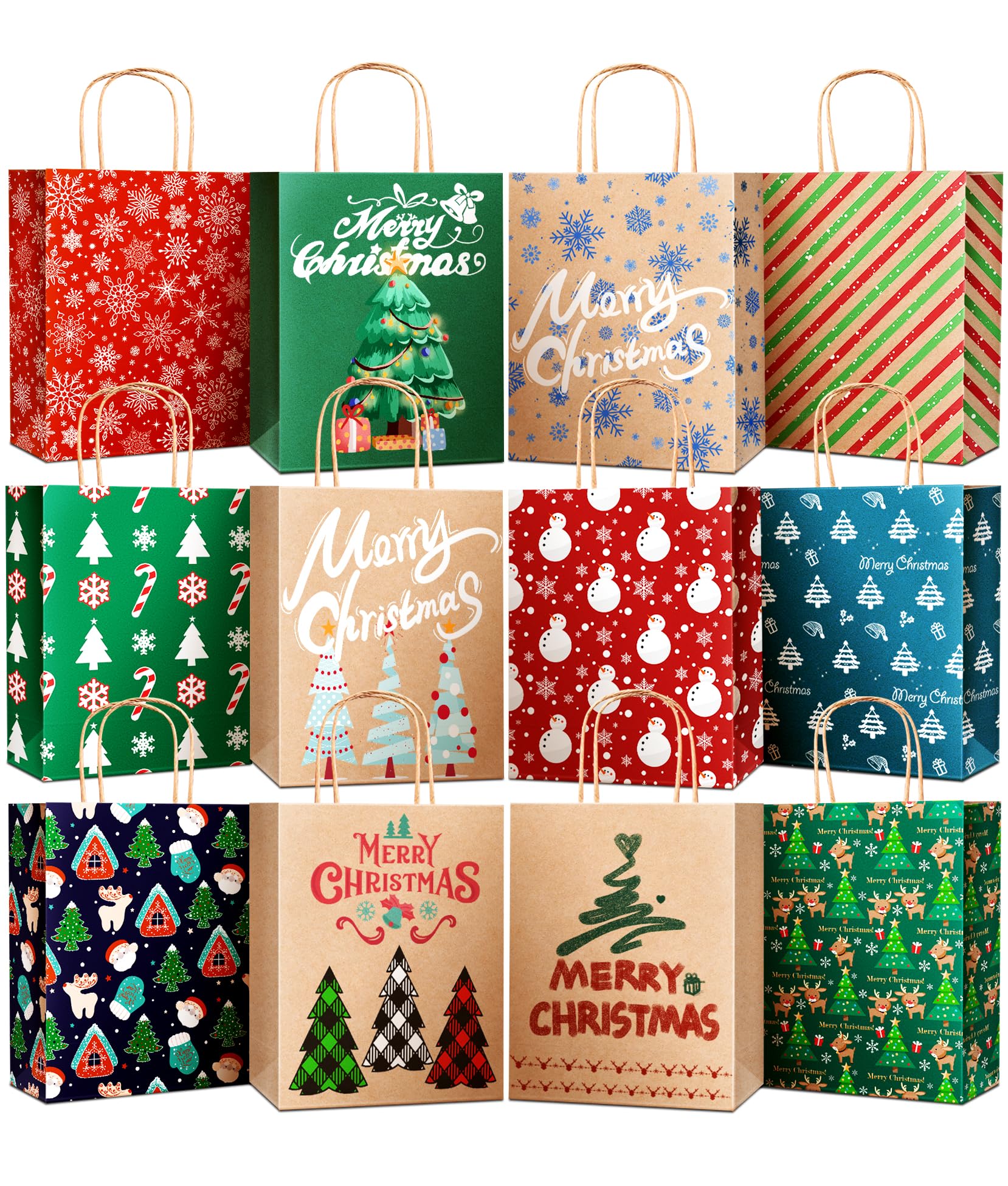 DeckTheHalls Christmas Gift Bags - 24 Pack Small Kraft Paper Holiday Bags with Handles (12 Styles) - Bulk Party Favors, Retail & Goody Bags for Xmas, Holiday Celebrations & Gift Wrapping