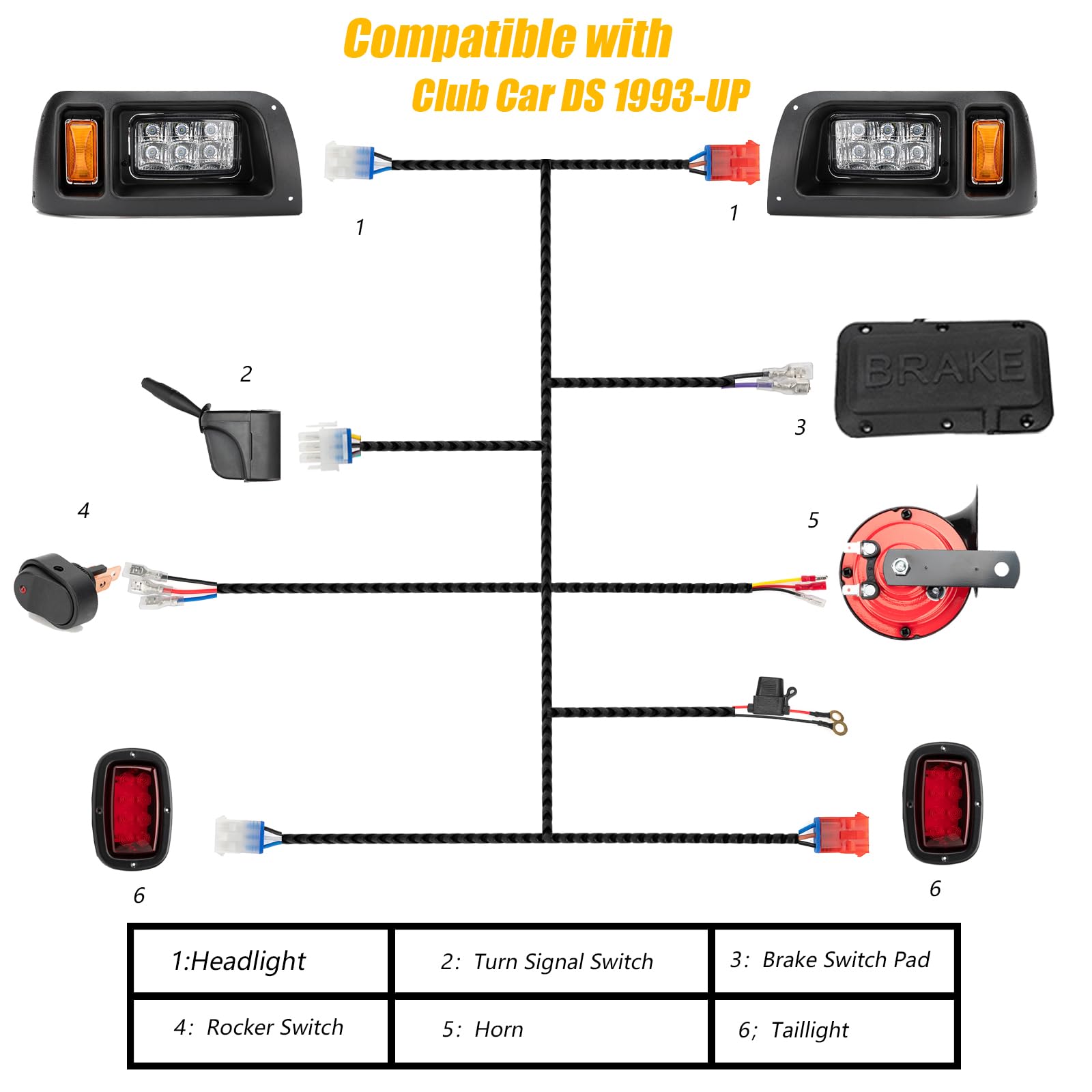Club Car DS 1993-Up LED Headlight & Tail Light Kit - 12V Street Legal Lights with Turn Signal Wiring Harness for Gas & Electric Golf Carts | Perfect for Night Driving, Neighborhood Cruising & Golf Course Safety