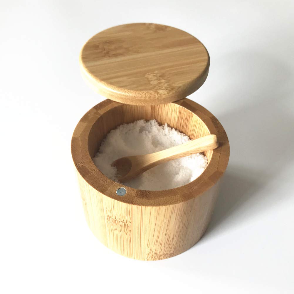 Eco-Friendly Bamboo Storage Box with Spoon - Perfect for Kitchen, Pantry & Bathroom Organization | Natural & Sustainable Home Storage Solution