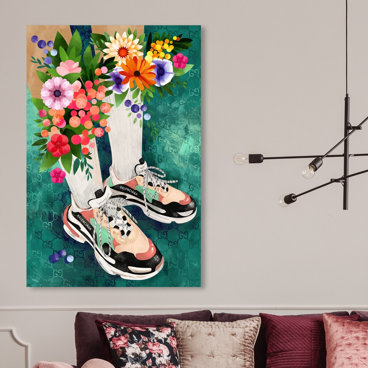 Stylish Floral Sneakers & Socks Set - Modern Green Canvas Wall Art Print for Bedroom Decor | Trendy Outfit Combo for Women, Fashionable Home & Office Wear