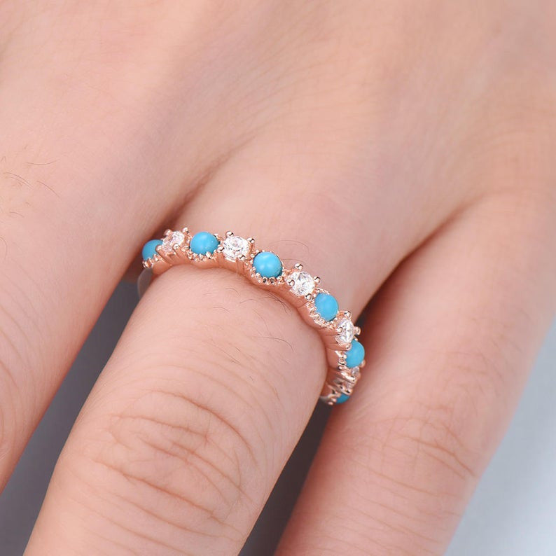 14K & 18K Gold Turquoise Diamond Wedding Band - Round Cut Engagement Ring for Women in White/Rose/Yellow Gold | Bridal, Anniversary & Promise Gift for Her | Perfect for Proposals, Weddings & Special Occasions