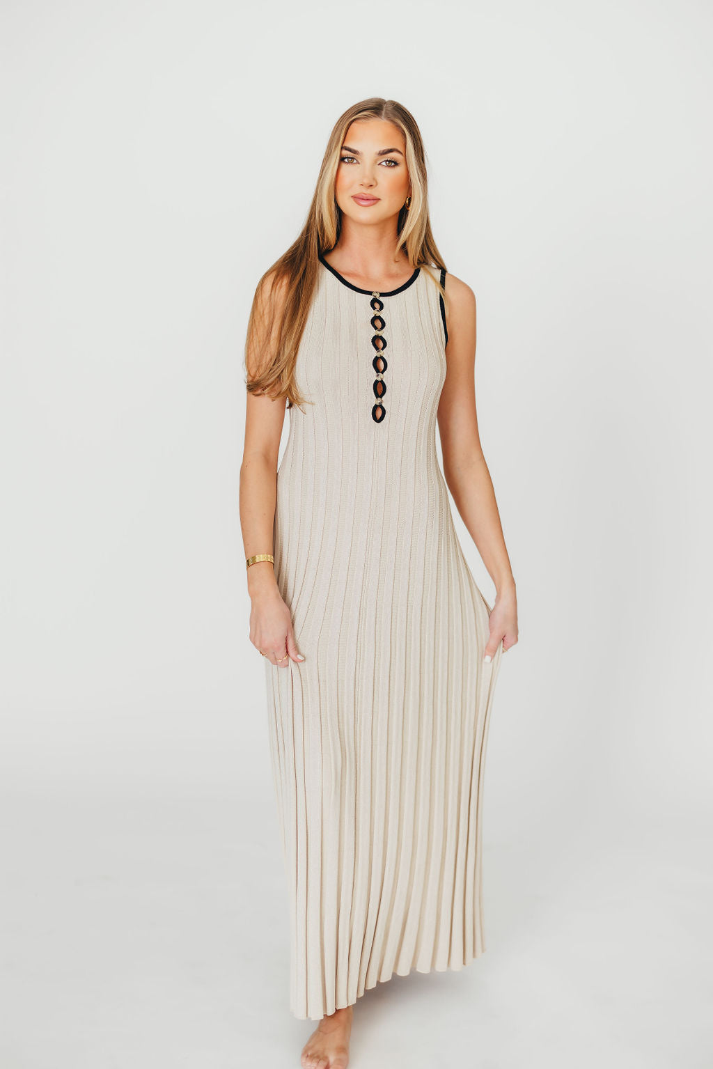 Brianne Button Down Ribbed Knit Maxi Dress in Taupe/Black - Women's Elegant Long Sleeve Bodycon Dress for Fall Winter Office Wear, Date Night & Special Occasions