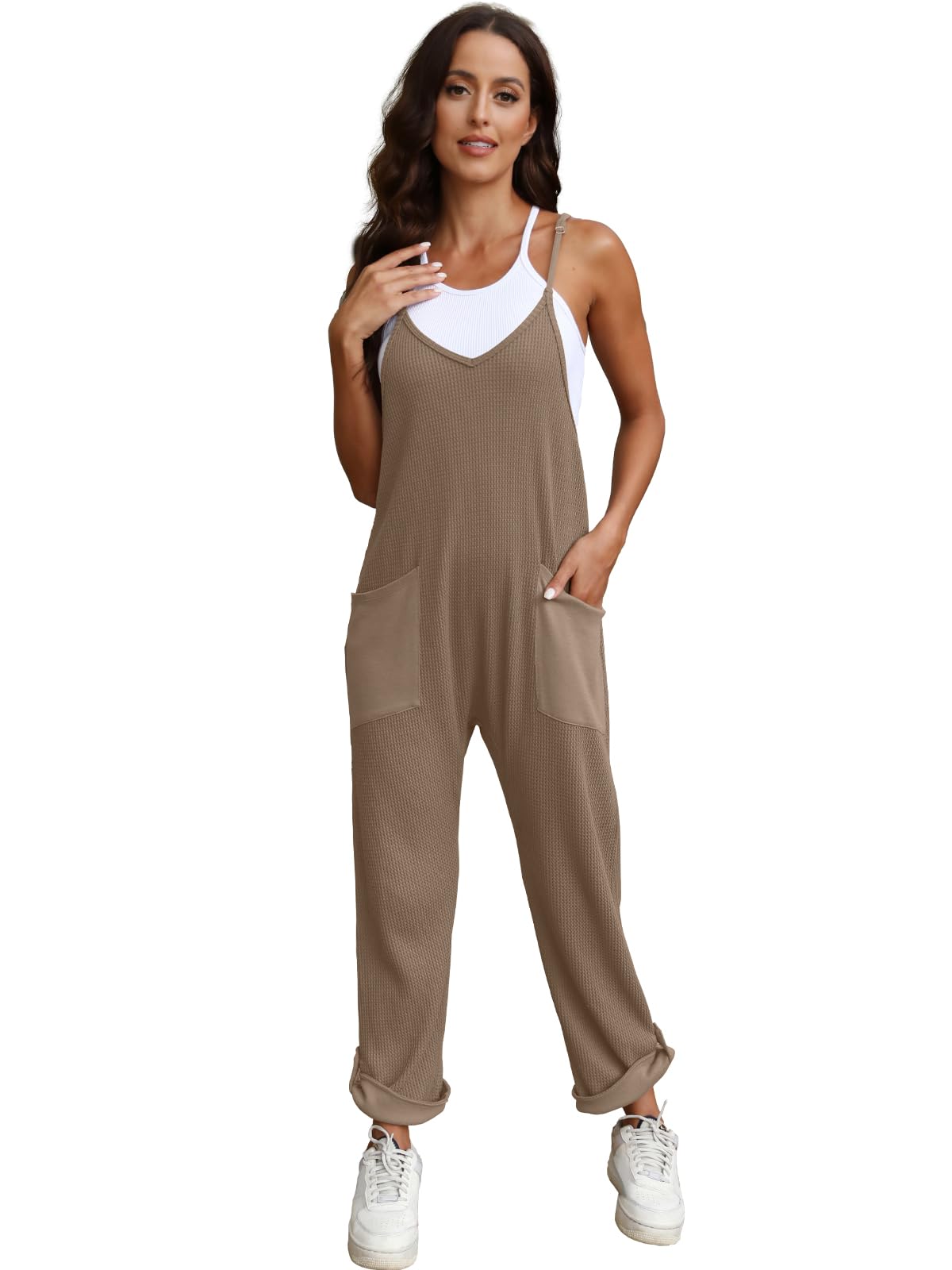 Nirovien Women's Waffle Knit Jumpsuit - Oversized Sleeveless Romper with Pockets | Casual One Piece Outfit for Fall | Perfect for Lounge Wear, Street Style & Travel Outfits
