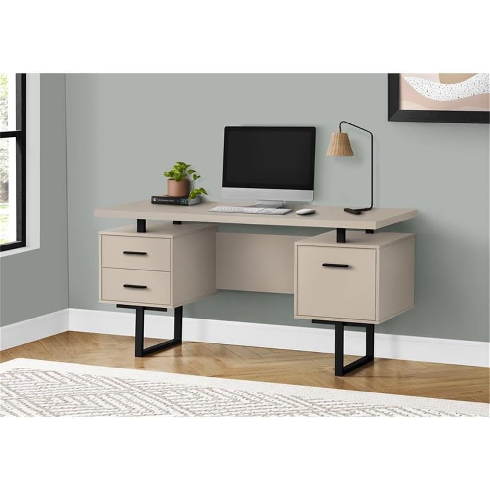Reversible Wooden Floating Desktop Computer Desk in Taupe & Black - Space-Saving Home Office Desk for Small Spaces, Bedroom & Dorm Room