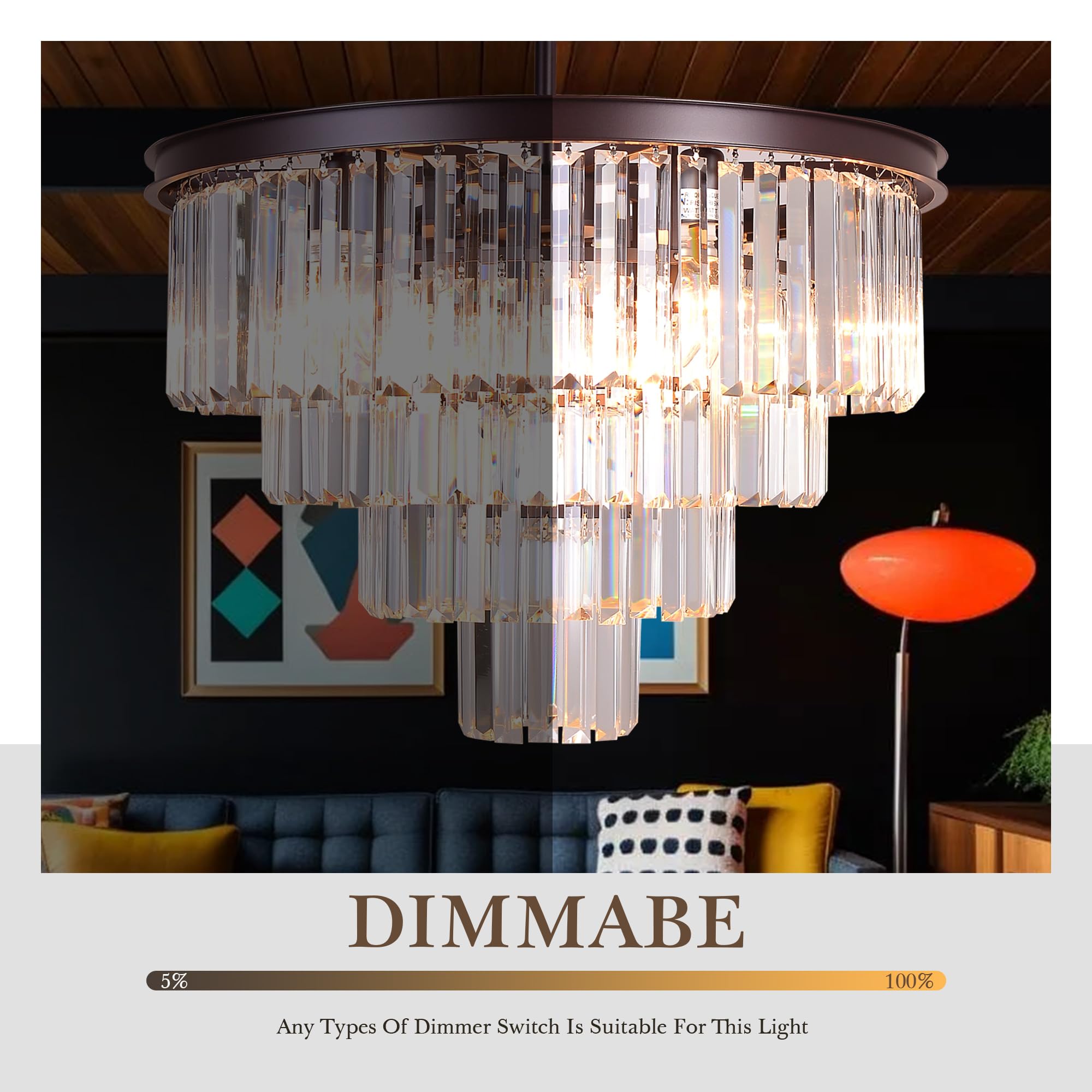 Oil Rubbed Bronze Crystal Modern Chandelier - 4-Tier Pendant Ceiling Light Fixture 23.6