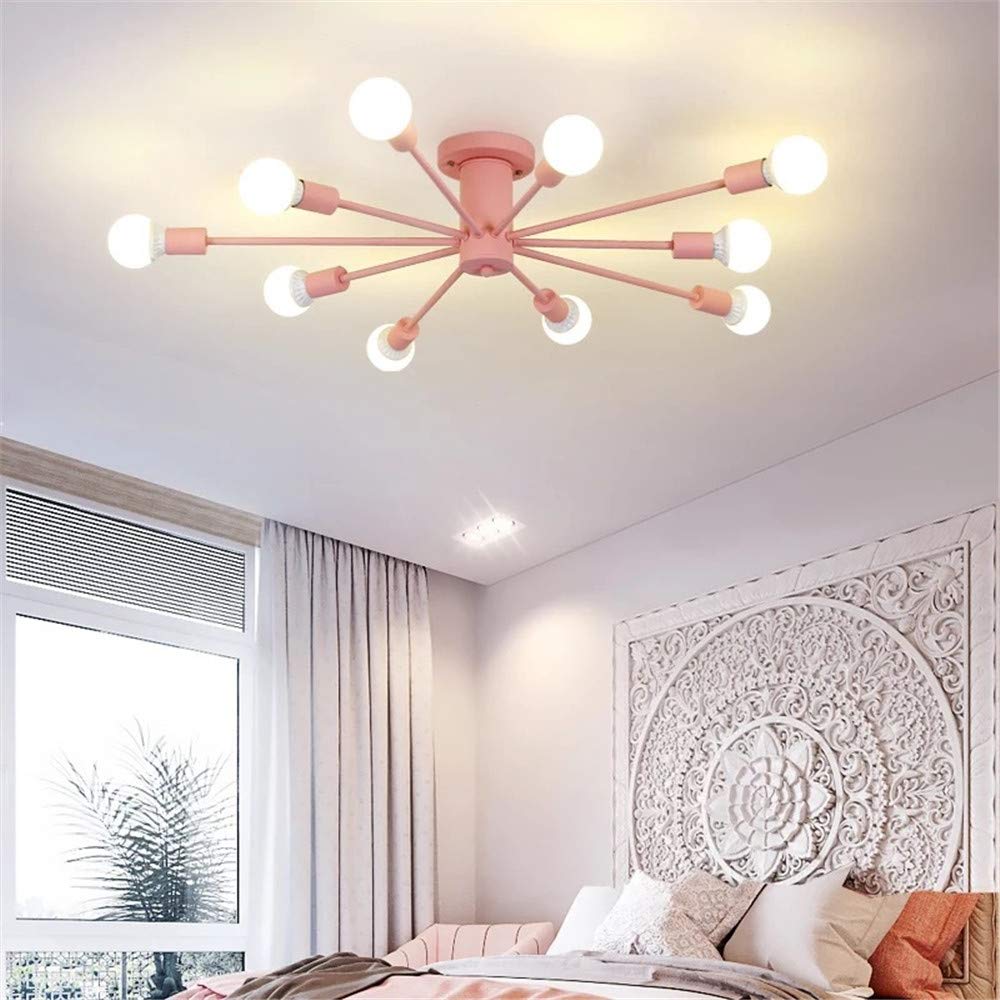 RUNNUP Modern Nordic Sputnik Chandelier - 10-Light Semi-Flush Mount Ceiling Fixture in Pink, Metal Suspension Lighting for Kitchen, Dining Room & Living Room | Contemporary Space-Saving Design for Small Apartments & Modern Homes