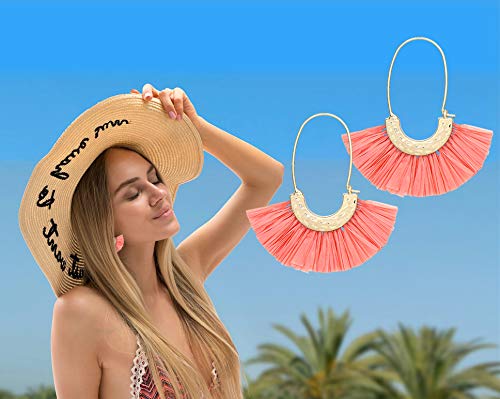 Pomina Colorful Raffia Thread Tassel Earrings - Bohemian Fringe Dangle Hoop Earrings for Women | Summer Fashion Jewelry for Beach, Festival & Boho Style Outfits