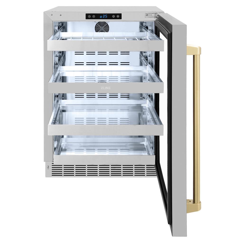 ZLINE Autograph Edition 24 Inch Touchstone 151 Can Beverage Refrigerator - Stainless Steel Glass Door with Champagne Bronze Handle - Compact Wine & Beer Cooler for Home Bar, Kitchen, or Office Use (RBSOZ GS 24 CB)