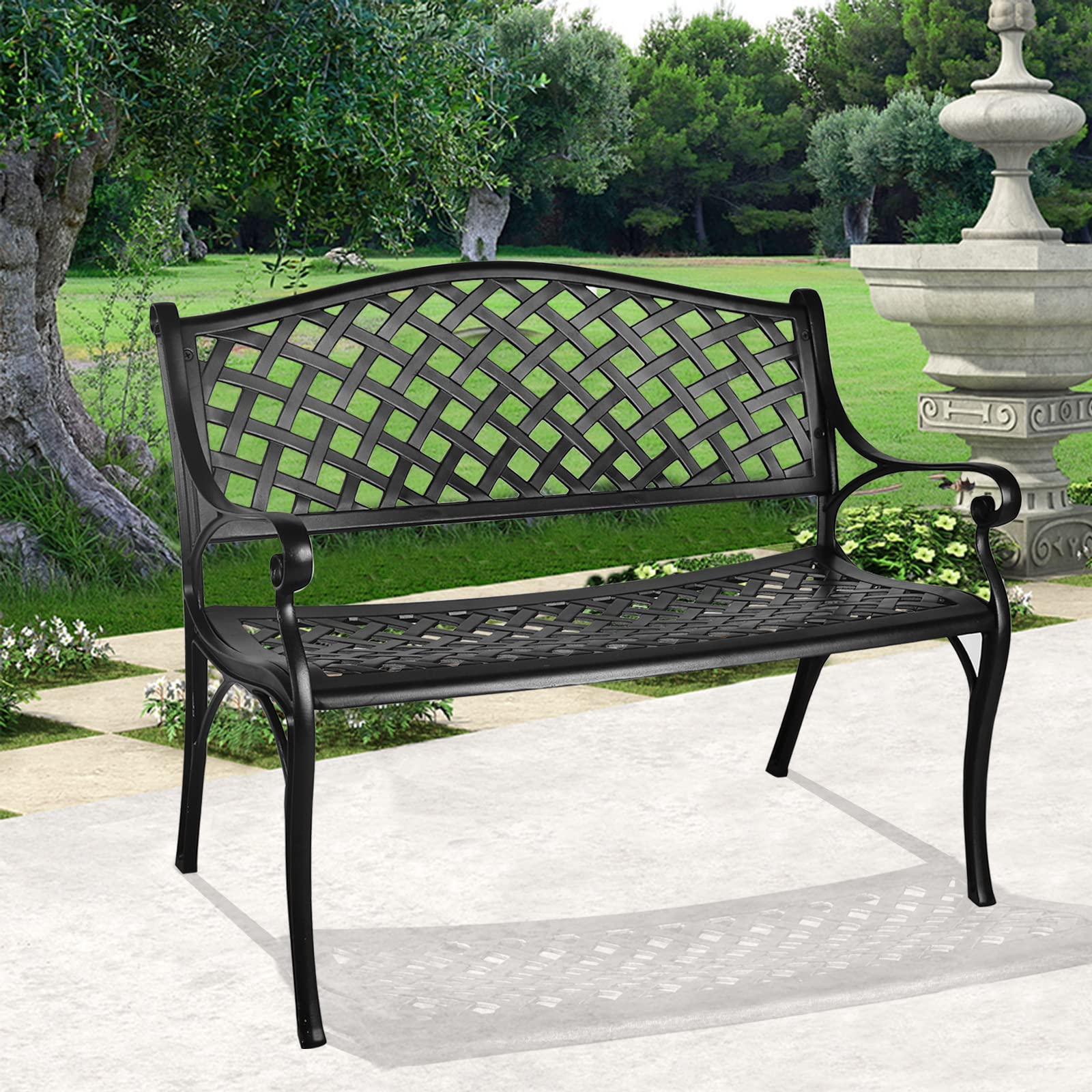 Grepatio Outdoor Patio Garden Bench - All-Weather Cast Aluminum Loveseat for Park, Yard & Porch - Durable Entryway & Garden Furniture with Checkered Design (Black) - Perfect for Outdoor Relaxation, Backyard Decor & Garden Seating