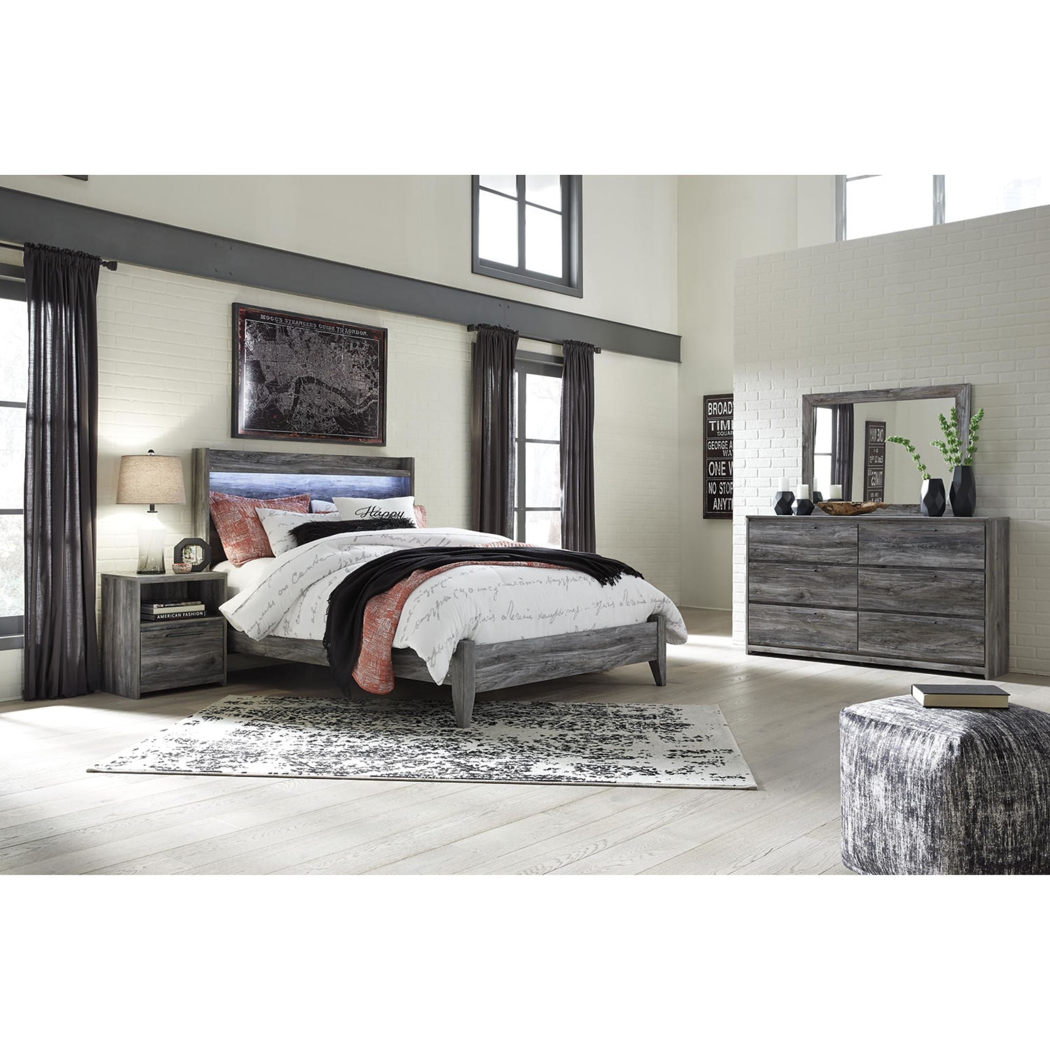 Baystorm 6-Piece Queen Size Bedroom Furniture Set in Gray - Modern Bed Frame, Nightstand & Dresser for Cozy Master Bedroom Decor