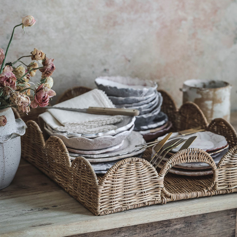Elegant Sanders Scalloped Rattan Tray – Handwoven Natural Rattan Serving Tray for Coffee Table, Breakfast in Bed, or Home Decor | Perfect for Entertaining, Dining, and Gift Giving