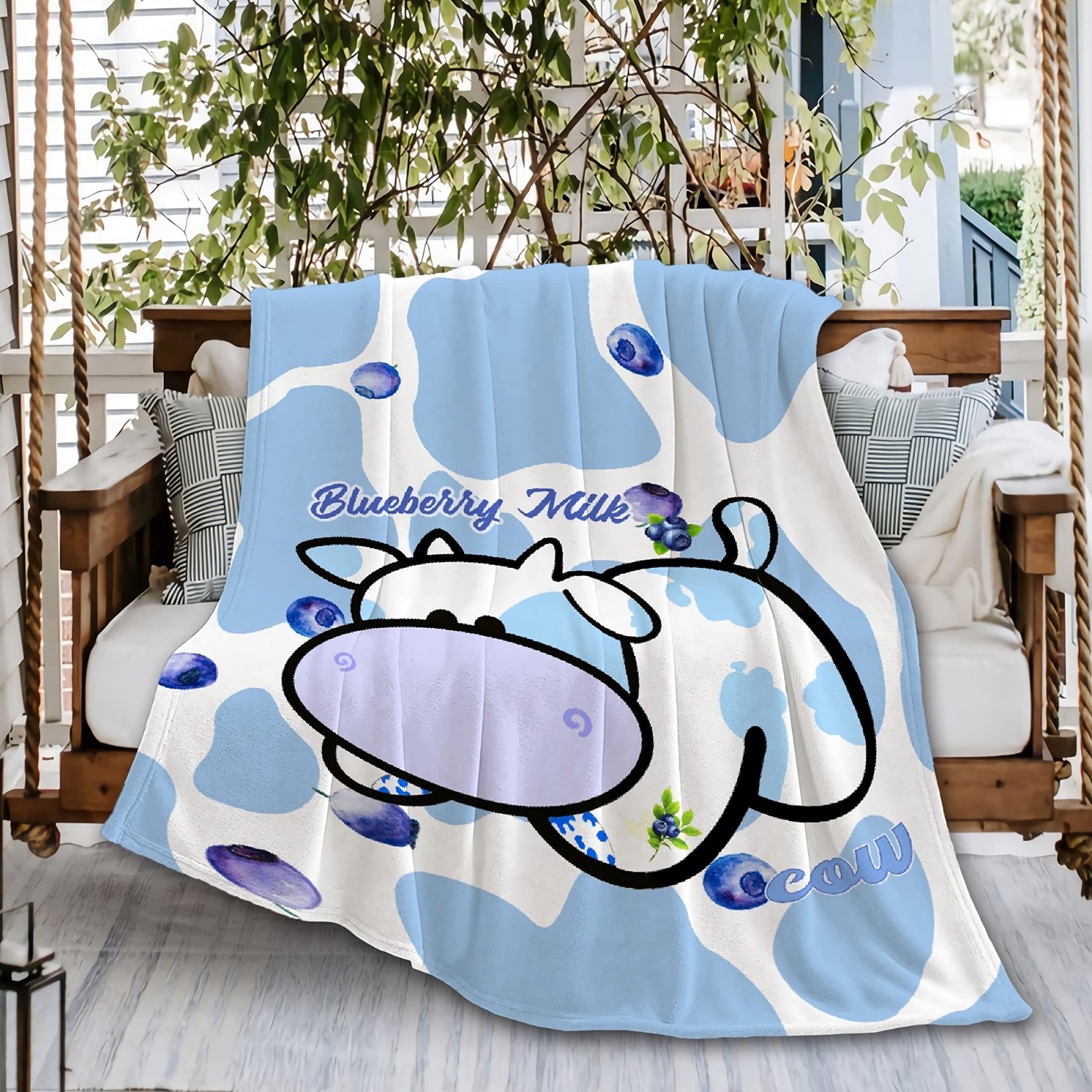 Ultra Soft Blueberry Milk Cow Print Flannel Fleece Throw Blanket - Extra Large 120