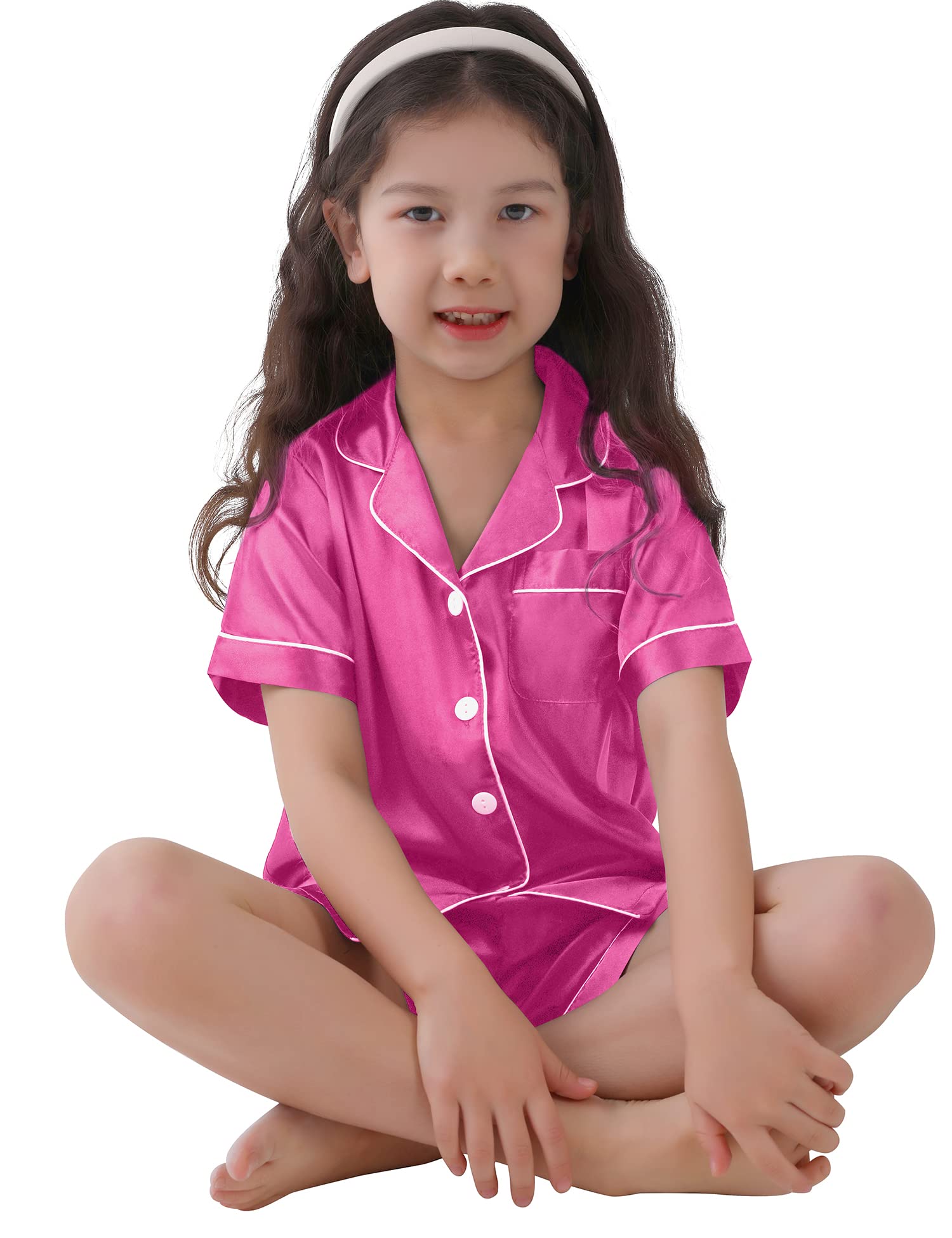 SWOMOG Kids Satin Pajama Set for Girls & Boys - Soft Button-Down Silk Pjs with Short Sleeves, 2-Piece Nightwear & Lounge Outfit - Perfect for Sleepovers, Bedtime & Relaxing at Home