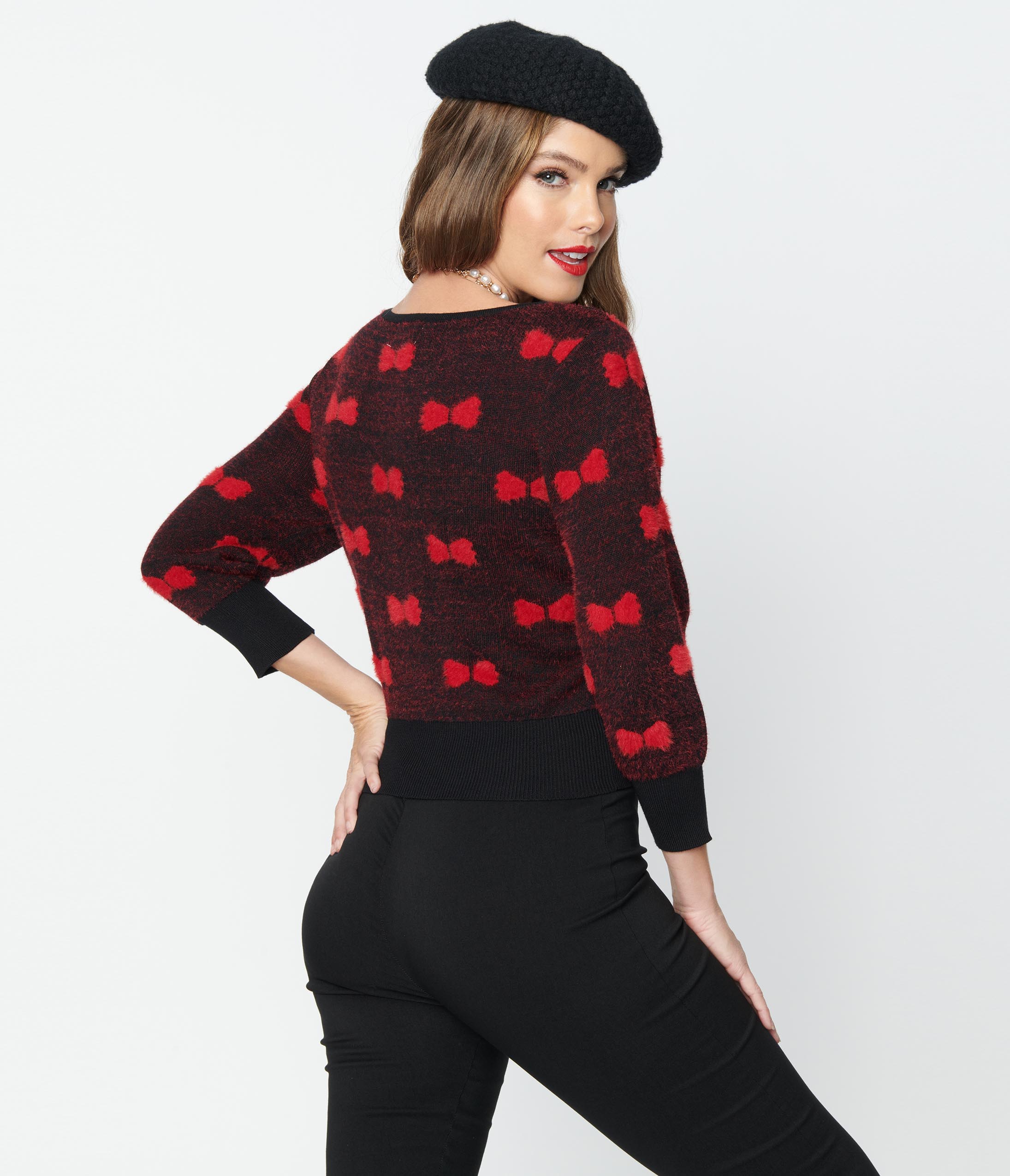Vintage Black & Red Bow Dandy Cardigan for Women - Elegant Retro Sweater for Office, Date Night & Holiday Parties